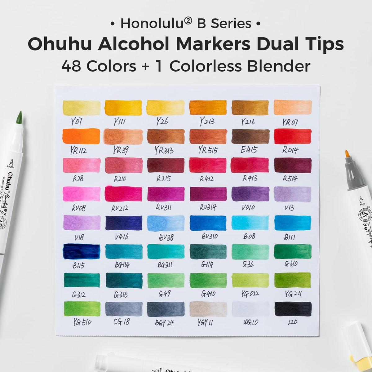 Ohuhu Honolulu 2B Alcohol Markers, 48 Colours, Brush & Fine Tips