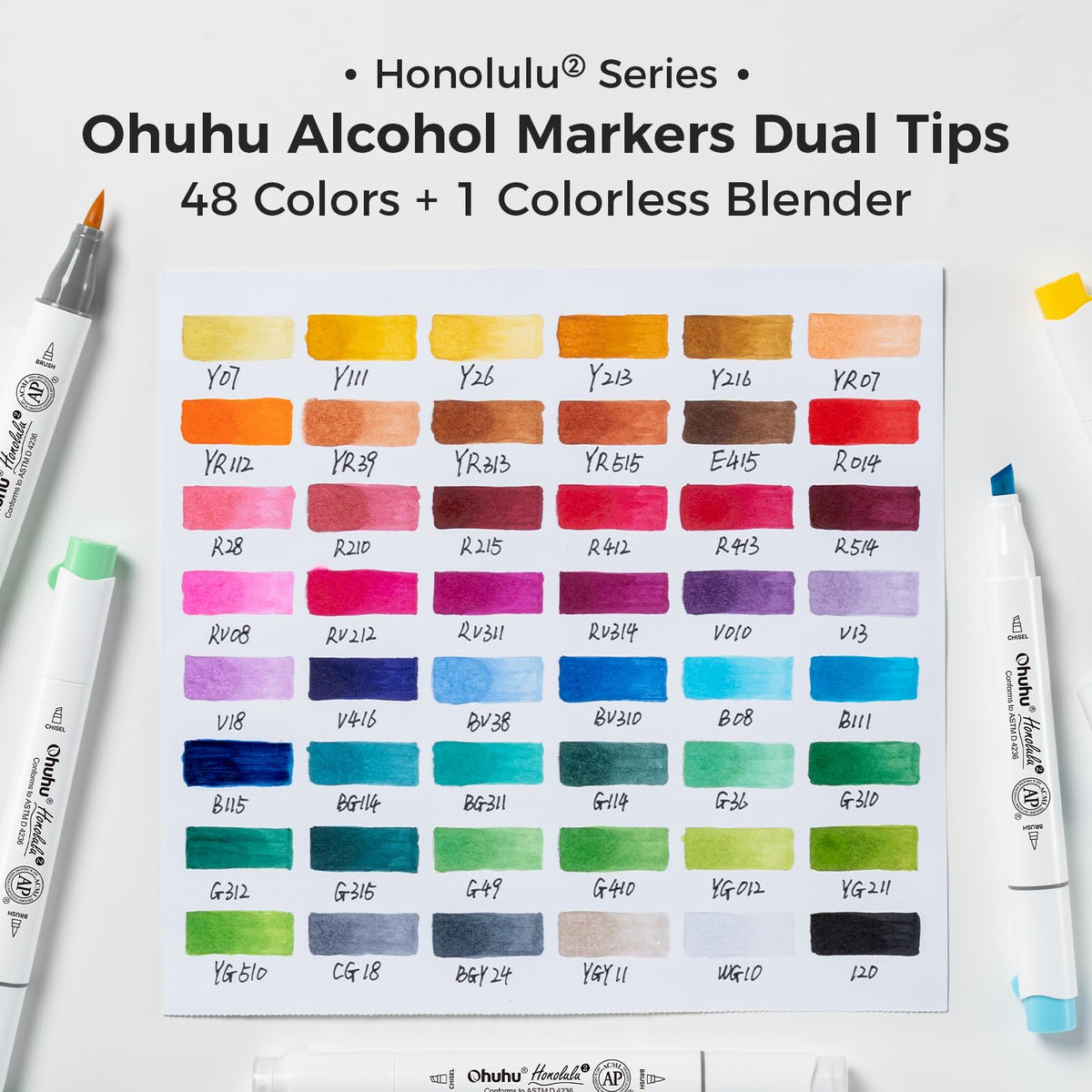 Ohuhu Honolulu 2 Alcohol Markers, 48 Colours, Brush & Chisel Tips