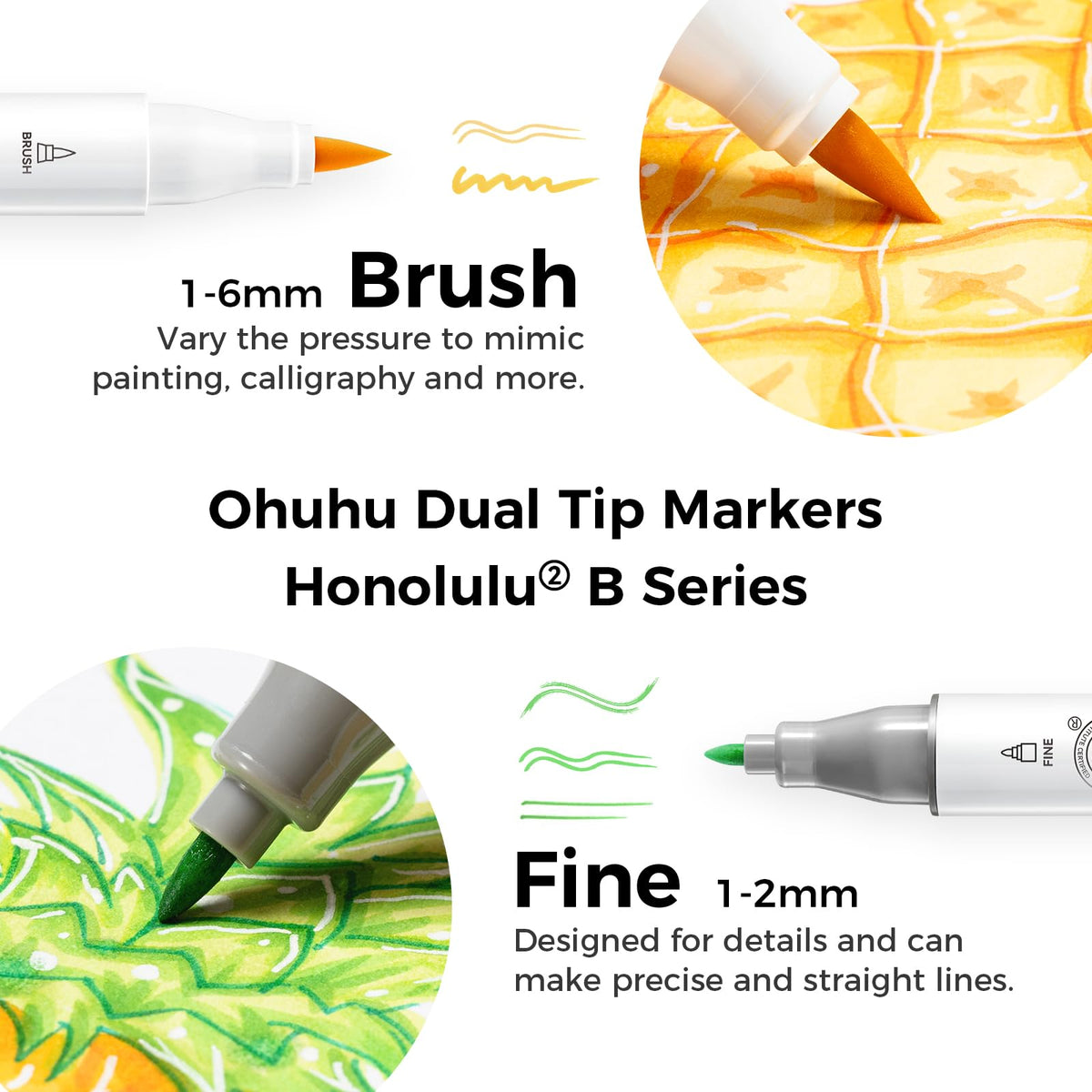 Ohuhu Honolulu 2B Alcohol Markers, 48 Colours, Brush & Fine Tips